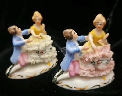 Dresden Victorian Couples Place Card Holders Porcelain & Lace German Antique  - Image 1 of 4
