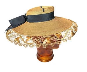 The Hetch Co. Fascinator Hut Stroh Bootfahrer Hut schwarz Band verziert Goldrand - Bild 1 von 10