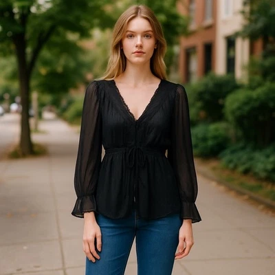 Torrid Black Sheer Long Sleeve Blouse V Neck Peplum Tassel Tie Plus Size - Image 1 of 4