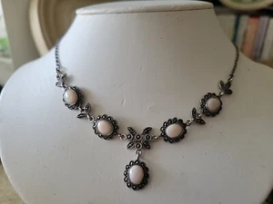 Edwardian/Victorian Style Sterling/Marcasite/ Angel Skin Coral Station Necklace - Picture 1 of 12