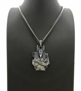ICED EGYPTIAN ANUBIS HEMATITE PENDANT & 3mm 24" CUBAN CHAIN HIP HOP NECKLACE - Picture 1 of 3