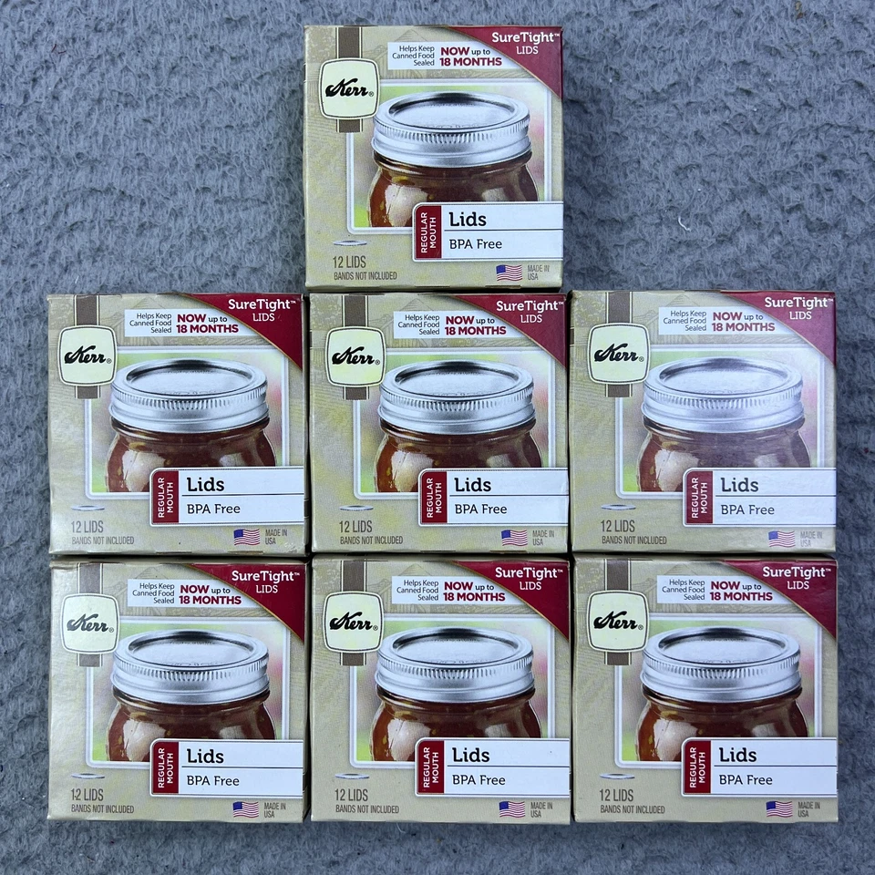 Lote de 7 cajas (84 tapas) tapas de enlatado Kerr tamaño boca regular metal sin BPA. Foto 1 de 4