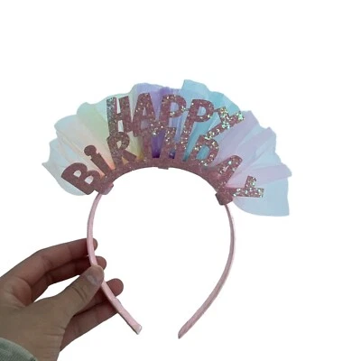 Cat & Jack Happy Birthday Glitter Colorful Pastel Headband with Tulle Kid OS - Image 1 of 2