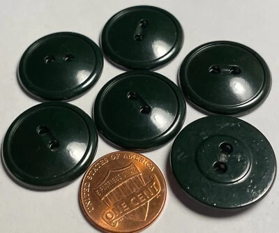Set of 6 Vintage NOS Glossy Dark Green Plastic Sew-thru Buttons 7/8" 23mm 14817 - Image 1 of 2