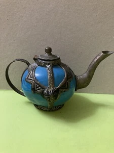Moroccan Style Teapot: Blue Pottery & Encased In Metal - Picture 1 of 10