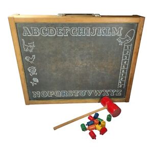 Vintage Pressman Portable Chalkboard and Pegboard Toy Box with Pegs and Hammer 
