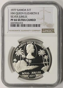 1977 Samoa Silver 1 Tala HM Queen Elizabeth II Silver Jubilee NGC PF66UCAM - Picture 1 of 4