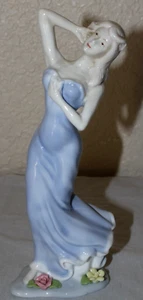 Porcelain Elegant Woman Figurine in Flowing Blue Dress & Flowers on Base 9” Tall - Picture 1 of 11