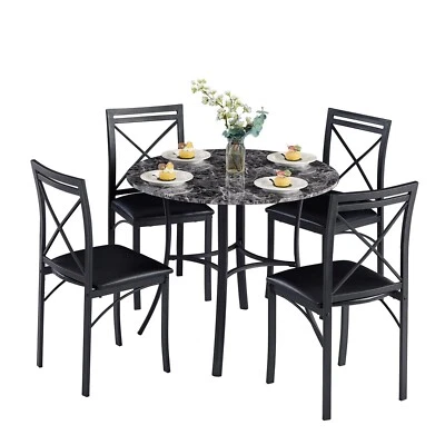 5 Pcs Dining Table Set for Kitchen Marble Grain Table Top Dinette w/Storage Rack - Image 1 of 4