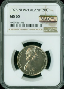 1975 NEW ZEALAND 20 CENTS NGC MS65 PQ 2ND FINEST GRADE MAC SPOTLESS . - Picture 1 of 2