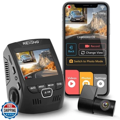 Rexing V1P 4K Car Dash Cam 2.4" LCD 2160p Front + 1080p Rear Wi-Fi 170° Wide  - Image 1 of 4