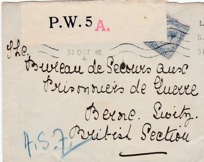 GB to Switzerland LONDON GV 2d 1/2d to Prisoner of War Bureau PW5 Censor 1916 - Image 1 of 2