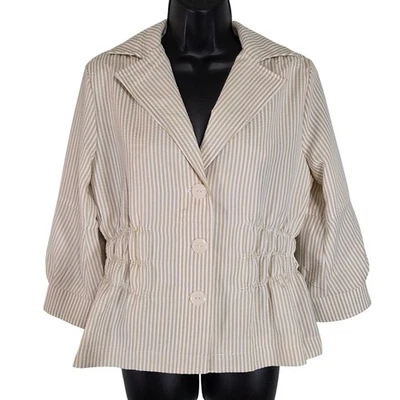 Chaqueta Blazer Joan Rivers Rayas Cintura Ajustada Manga 3/4 Beige Pequeña Foto 1 de 4