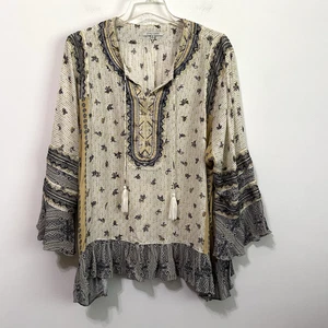 John Mark Tunika Bluse XL Bohemian bestickt Quaste Rüschen Popover Viskose Top - Bild 1 von 9