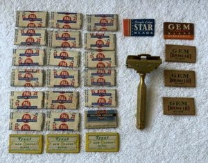 Gem Brass Safety Razor + 26 Pal Hollow Ground Treet Star Razor Blades NOS - Picture 1 of 9