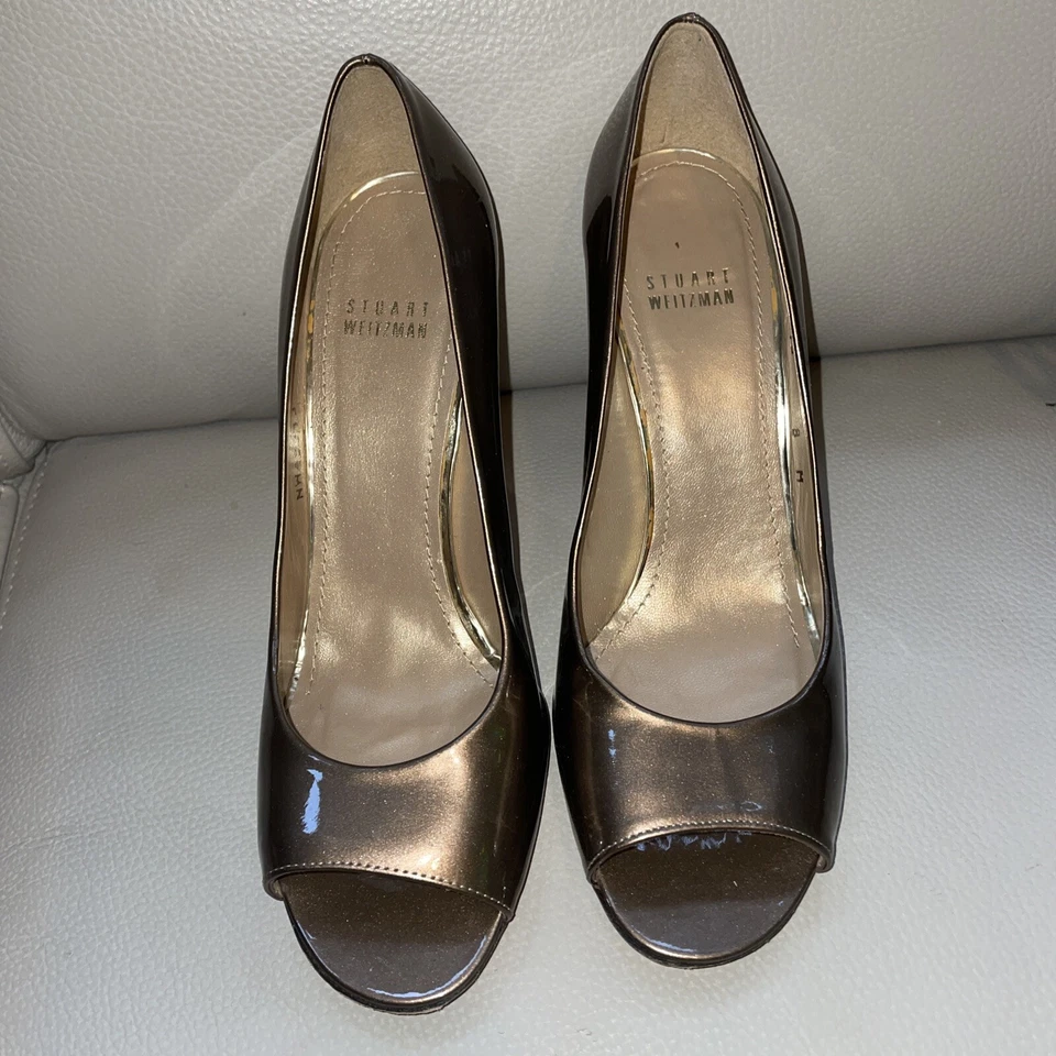 Stuart Weitzman Open peep Toe bronze  Patent Leather Shoes Pumps Size 8 M - Image 1 of 3