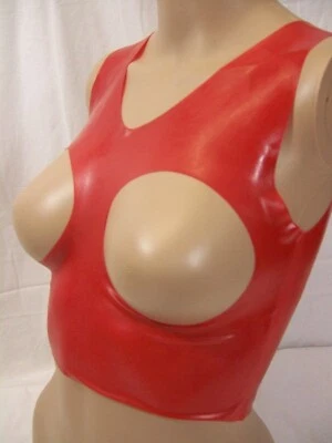 BONDAGE FETISH RUBBER LATEX BDSM LADIES TOP OPEN BOOB RED 2140 PEGGING SWINGING - Image 1 of 4