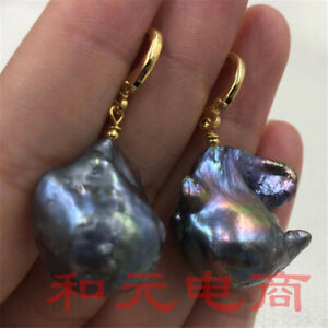 13-14MM Huge black baroque pearl earrings 18K hook AAA party delicate pendant