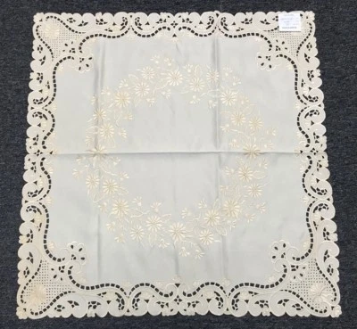 Solid Beige Ivory Cream Off White Embroidered 33" Embroidery Tablecloth Square - Image 1 of 4