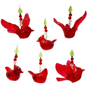 Set of 6 Cardinal Christmas Ornaments Sparkling Red Holiday Hanging Decorations - Picture 1 of 8