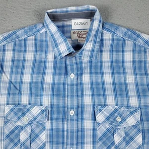 Penguin Shirt Mens Medium Blue Plaid Casual Button Up Short Sleeve - Picture 1 of 6