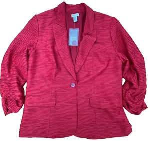 NEW Chicos Jacket Sz 1 Medium Red Lined 3/4 Ruched Sleeve Blazer Button - Picture 1 of 12