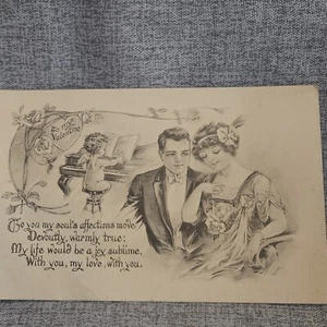 Gartner & Bender Valentine Postcard  Couple Party Attire  Cupid Piano  Sepia - Picture 1 of 10