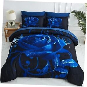 Comforter Set Queen 7 Piece Bed in a Bag Rose Comforter Queen(90"x 90") Blue