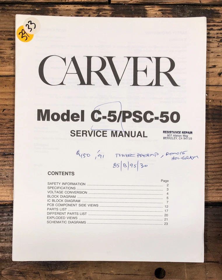 Carver C-5 PSC-50 Preamplificador/Preamplificador Manual de Servicio *Original* Foto 1 de 1