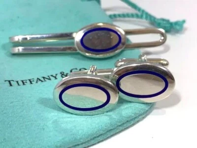 Tiffany & Co. Autentico Gemelli Cravatta Spilla Argento925 Blu Ovale Uomo con... - Immagine 1 di 4