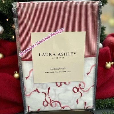 Laura Ashley Red Pink Bow Ribbon Striped Set 2 Pillowcase 100% Cotton Percale - Image 1 of 4