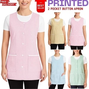 Women Ladies Tabard Kitchen Catering Cleaning Bar Printed Button Pocket Apron - Picture 1 of 5