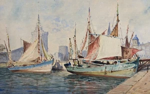 Aquarelle XIXe - XXe signée : bateaux de pêche port de la Rochelle Charente - Foto 1 di 10