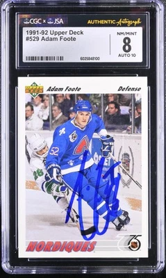 Adam Foote Signed 1991-92 Upper Deck Rookie Card #529 CGC 8 JSA 10 Auto - Image 1 of 2