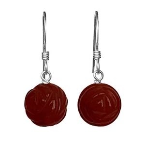 GENUINE CARVED ROSE CARNELIAN BEAD / BALL 925 STERLING SILVER DROP EARRINGS - Picture 1 of 1