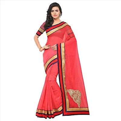 Sari VOILA para mujer arte liso de seda con borde de encaje dorado Foto 1 de 4