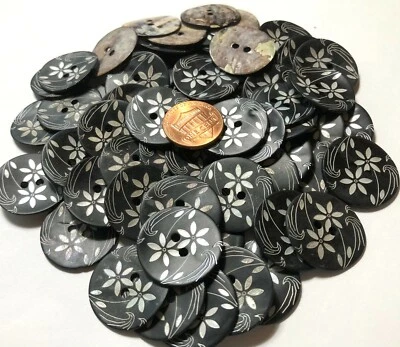 6 PCS ONLY! 6 Dyed Black Carved Floral Abalone Buttons 23mm Just Over 7/8" 11630 - Image 1 of 4