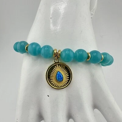 Brazalete elástico T. Jazelle chapado en oro 925 de 14 quilates amazonita imitación ópalo cuentas Foto 1 de 4