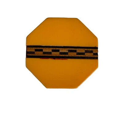 Large Vintage Bakelite Butterscotch Button w/Wood Marquetry  1-1/2" - Image 1 of 4