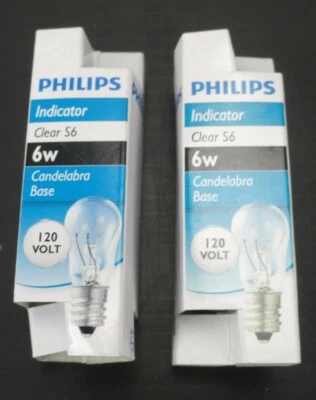 (LOT OF 2) PHILLIPS CLEAR S6 6W Candelabra Base LIGHT BULBS 120V * (NEW in BOX) - Image 1 of 4