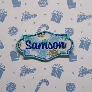 Christmas Name Tag Patch Custom Embroidered Iron-on Applique Snowflake Badge - Picture 1 of 19