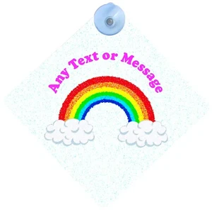 PERSONALISED RAINBOW CLOUD PRINT ON BOARD PRINT CAR SIGN 16.5 CM DIAMETER - Picture 1 of 6