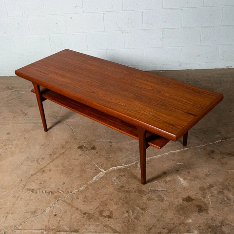 Mid Century Danish Modern Coffee Table Surfboard Shelf Denmark Teak Wide Vintage Cover
