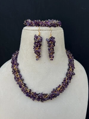Conjunto de collar de amatista natural sin cortar de 18" con pendientes y pulsera - Juego de joyas Foto 1 de 4