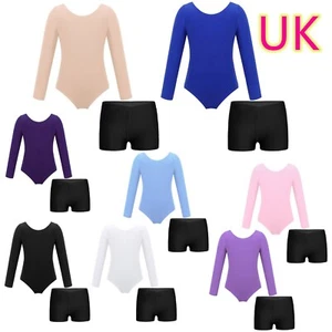Kids Girls 2 Pieces Gymnastics Ballet Dance Long Sleeve  Leotard with Shorts Set - Picture 1 of 88
