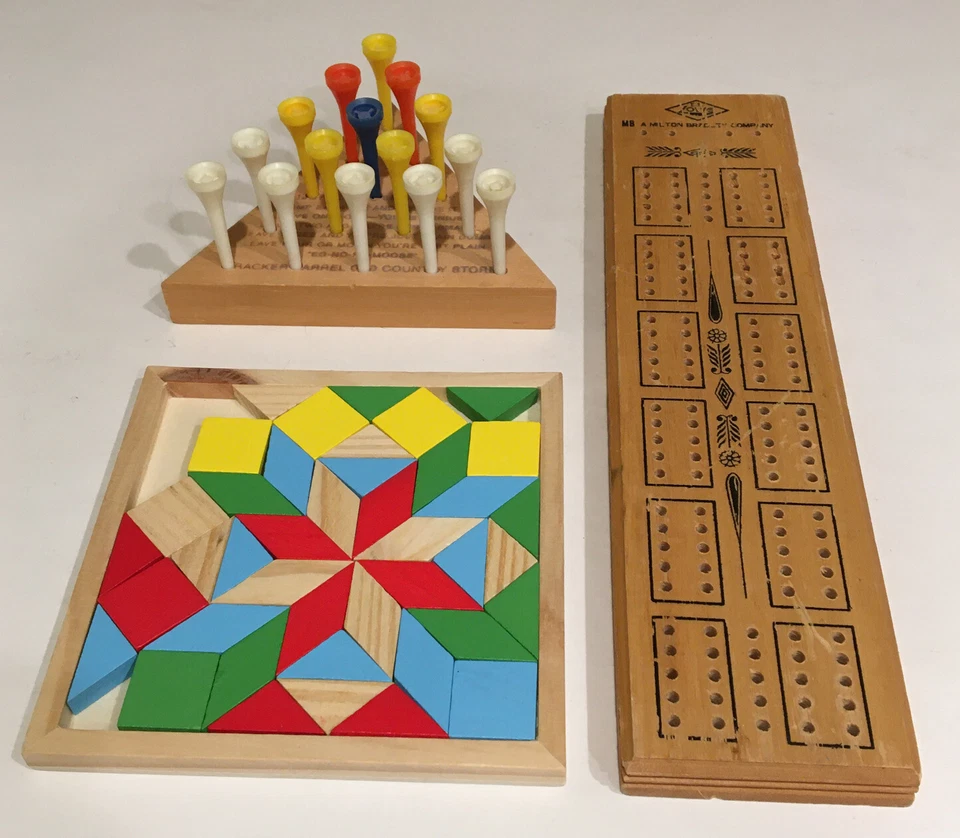 LOT OF 3 MILTON BRADLEY CRIBBAGE WITH PEG STORAGE TRIANGLE + WOODEN GAME PUZZLES - Image 1 of 4