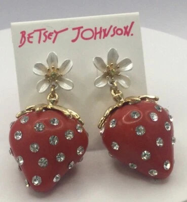 Pendientes colgantes Betsey Johnson grandes con acento de piedra de fresa roja flor blanca nuevos con etiquetas Foto 1 de 2