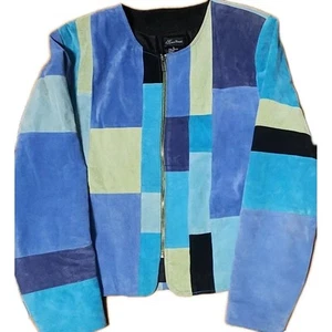 Giacca vintage Karen Arnold multicolore colorblock 100% pelle zip taglia small - Foto 1 di 6