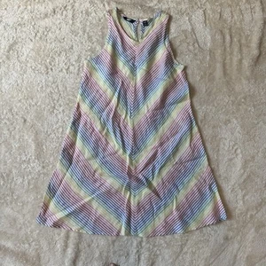 Lands End Women’s Petite Dress A Line Rainbow Stripe Linen Pockets Sleeveless MP - Picture 1 of 12