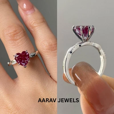 Anel de noivado solitário de rubi rosa natural coração 2 quilates folheado a ouro branco 14K - Imagem 1 de 4